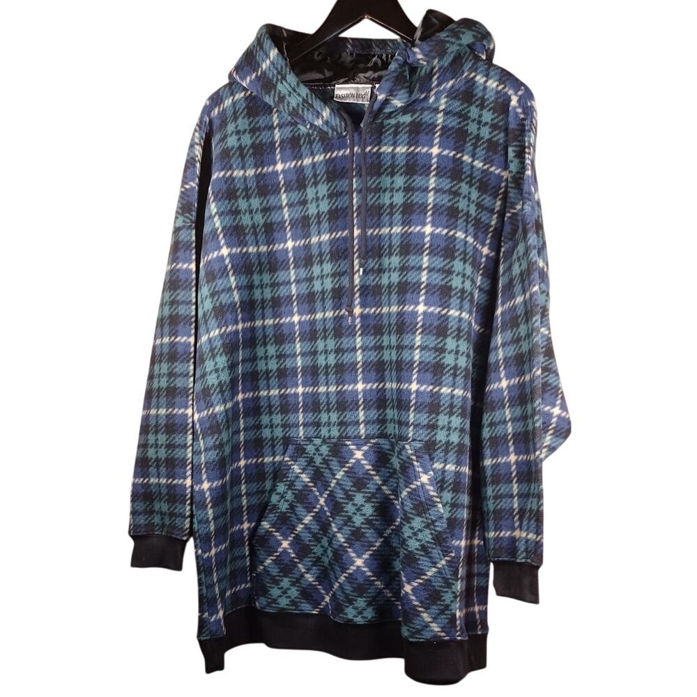 Vintage Fashion Bug Plus Size 22/24W Plaid Hoodie Teal Navy Blue Fleece Pullover